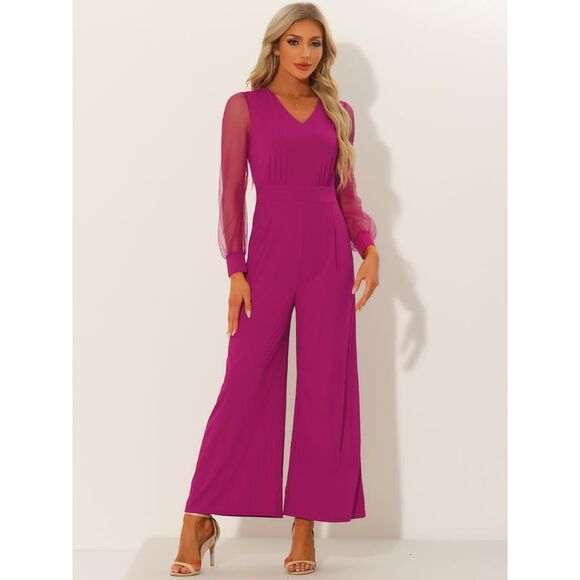Elegant V Neck Mesh Long Sleeve Loose Wide Leg Romper Party Jumpsuits Hot Pink - Picture 3 of 6